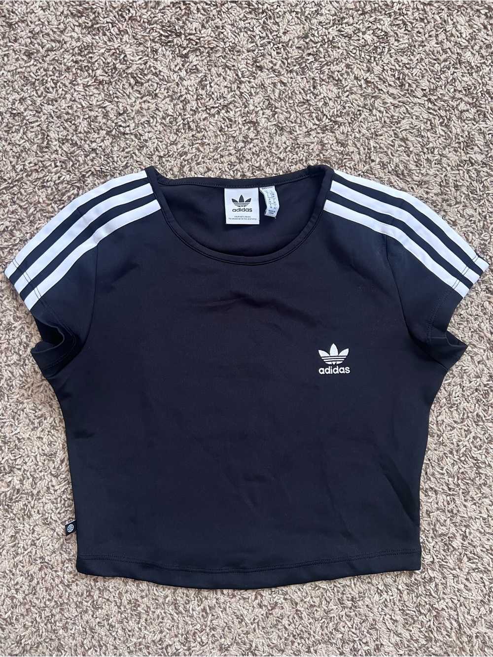 adidas Black Crop Top with White Shoulder Stripes